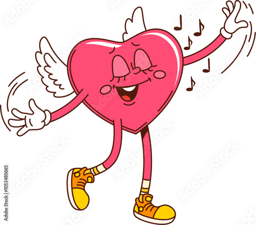 Groovy cartoon heart character with wings and sneakers dances happily to music notes, embodying love and happiness on Valentines Day. Isolated vector retro personage symbol of affection or celebration