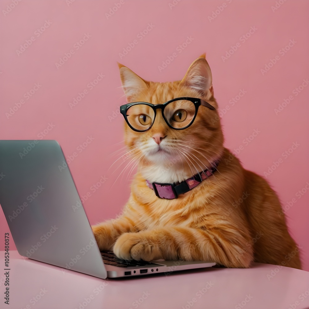 orange cat with glasses looking at laptop on orange cat with glasses looking at laptop on