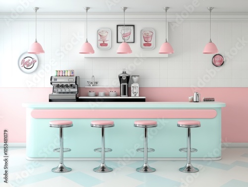 Retro diner interior with pastel colors and vintage style decor photo