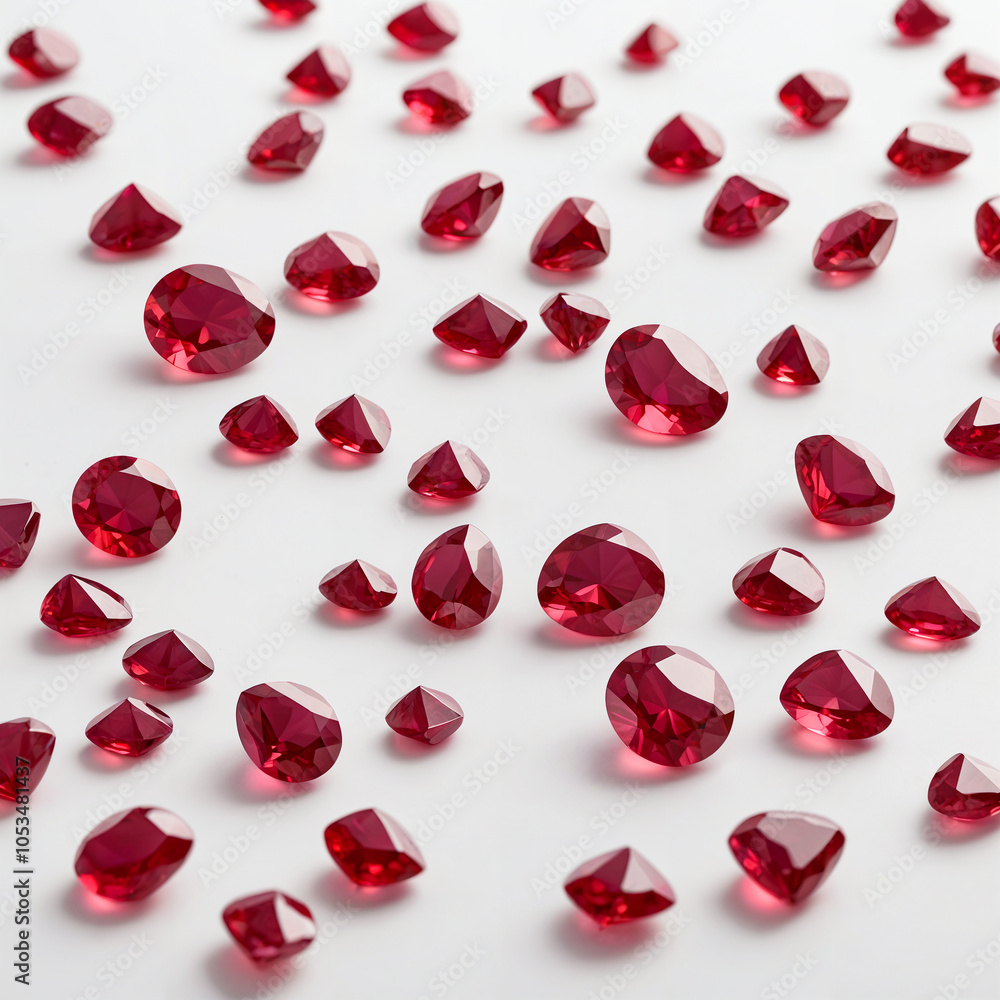 A pile of red diamonds on a white surface. A pile of red diamonds on a white surface.