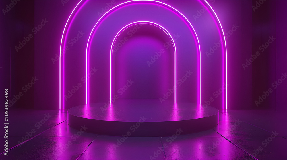 minimalist podium setup in a vibrant neon-lit space. The scene features a round, stepped platform with a central square pedestal, all bathed in purple and pink hues A large circular neon ring glows minimalist podium setup in a vibrant neon-lit space. The scene features a round, stepped platform with a central square pedestal, all bathed in purple and pink hues A large circular neon ring glows