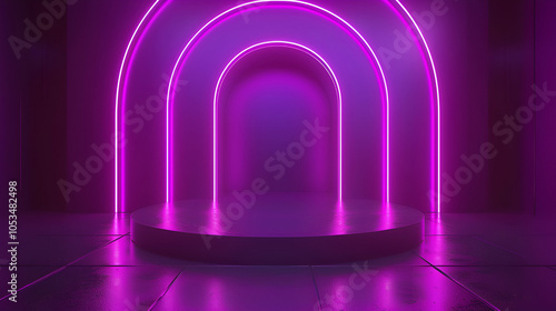  minimalist podium setup in a vibrant neon-lit space. The scene features a round, stepped platform with a central square pedestal, all bathed in purple and pink hues A large circular neon ring glows 