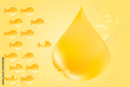 3D omega 3 fish oil soft gel capsules in a shape of fish gummies. Glowing golden oil drop with copy space. Healthy nutrition vitamin D3, ocean krill oil DHA, EPA supplements background.