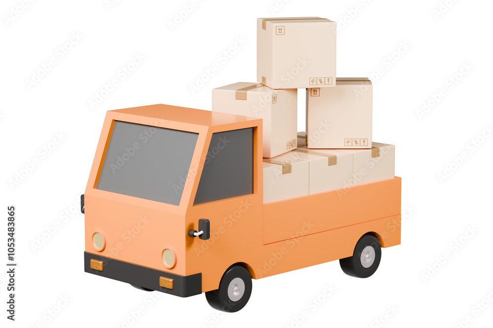 3D Truck delivery back rack contain parcel box or cardboard icon. Minimal Cartoon Logistic Truck shipping delivery service isolated on orange background. Online shopping, E-commerce concept. 3d render 3D Truck delivery back rack contain parcel box or cardboard icon. Minimal Cartoon Logistic Truck shipping delivery service isolated on orange background. Online shopping, E-commerce concept. 3d render