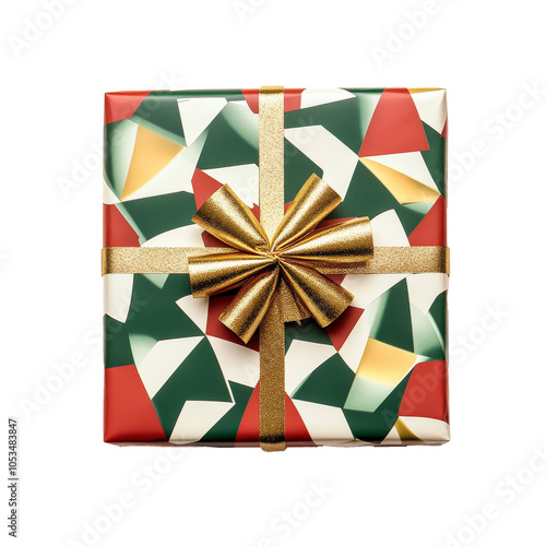 Christmas wrapped gift with ribbon on white background