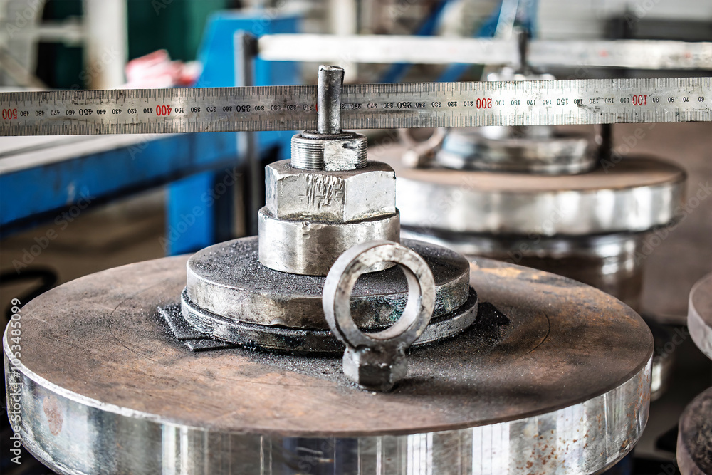 Metal weights on a machine ready for calibration in a manufacturing facility during the morning hours Metal weights on a machine ready for calibration in a manufacturing facility during the morning hours