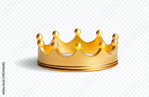 A high-quality 3D vector illustration of a golden royal crown with smooth, rounded tips, isolated on a transparent background. Perfect for use in designs related to royalty, luxury, or awards.