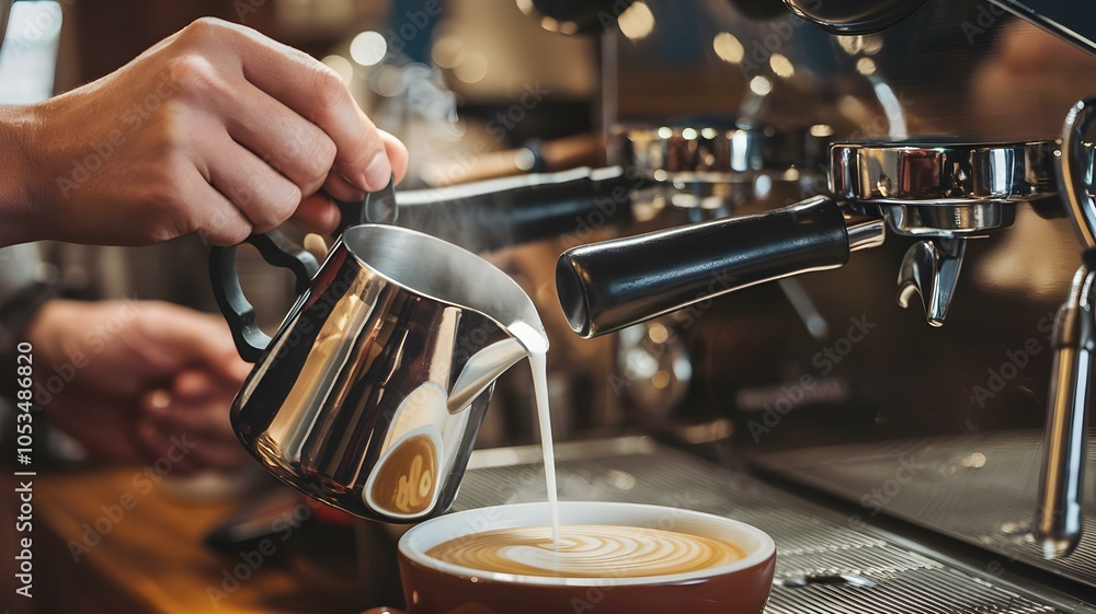 Naklejka premium Barista in Action: Pouring Steamed Milk into a Coffee Cup to Create Beautifully Layered Latte Art, Capturing the Essence of Coffee Culture
