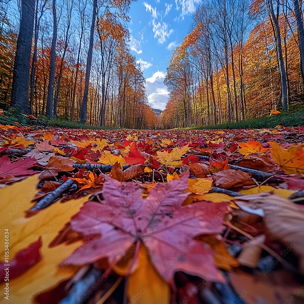 A vibrant autumn scene featuring a colorful carpet of fallen leaves in shades of red and yellow, with trees lining the path under a bright blue sky. A vibrant autumn scene featuring a colorful carpet of fallen leaves in shades of red and yellow, with trees lining the path under a bright blue sky.