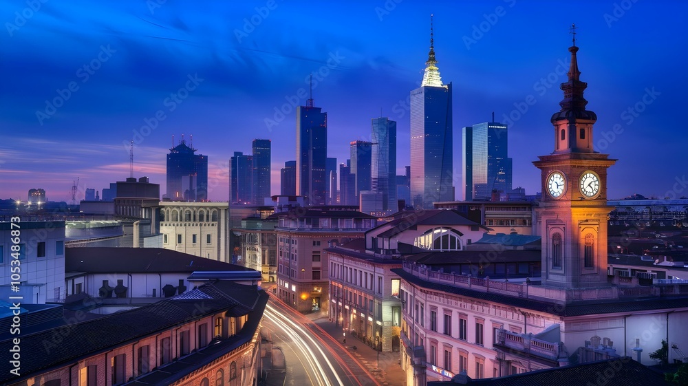 Obraz premium Captivating Cityscape: Stunning View of Modern Skyscrapers Against a Twilight Sky, Highlighting Urban Transformation and Architectural Beauty