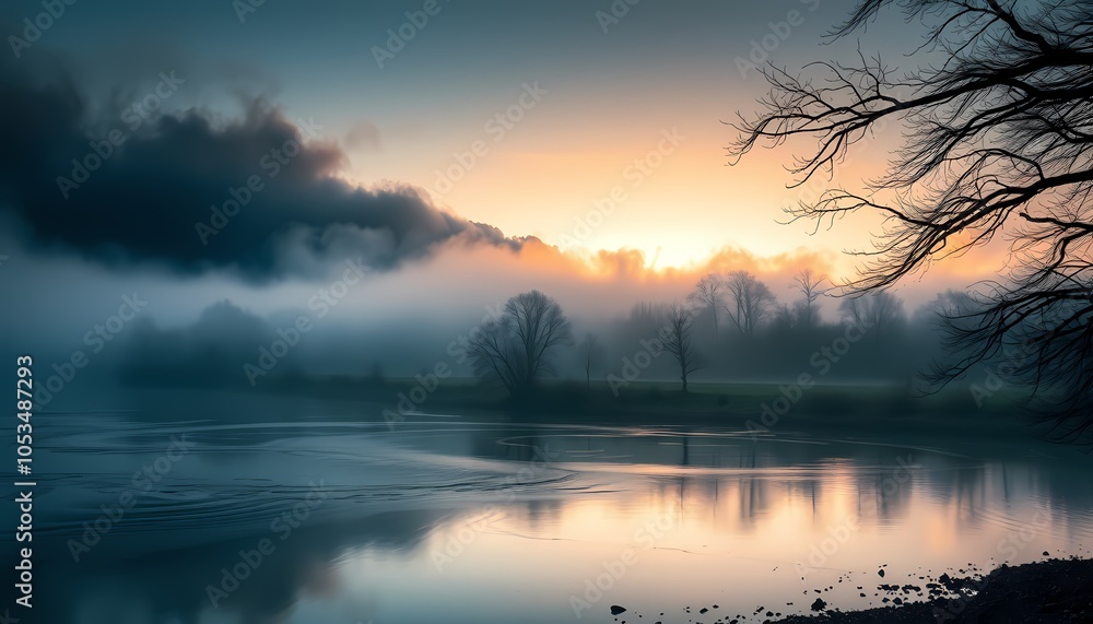 Fototapeta premium Mystical Dawn on Tranquil River with Morning Fog and Mist