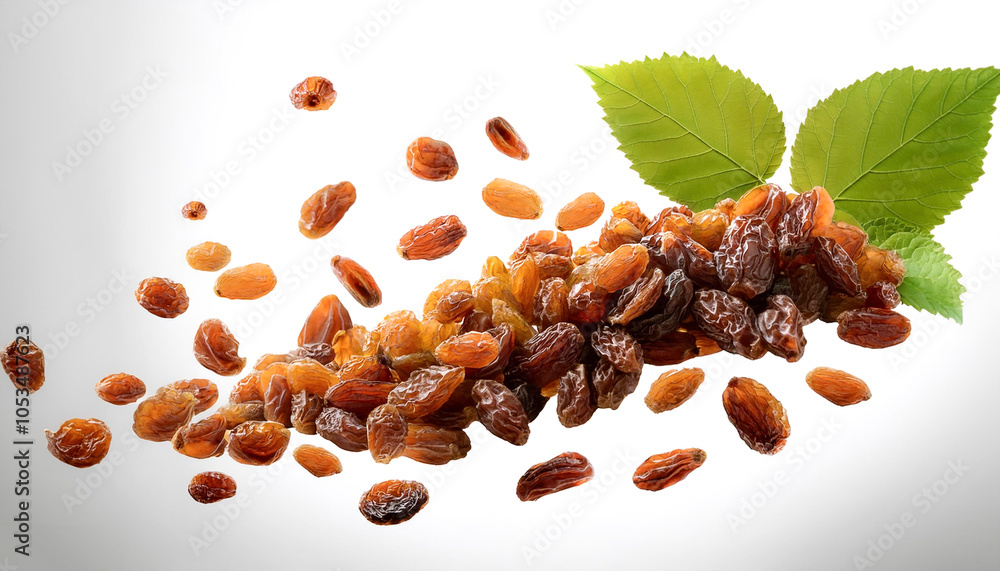 Fototapeta premium Raisins with leaves floating or flying isolated white background