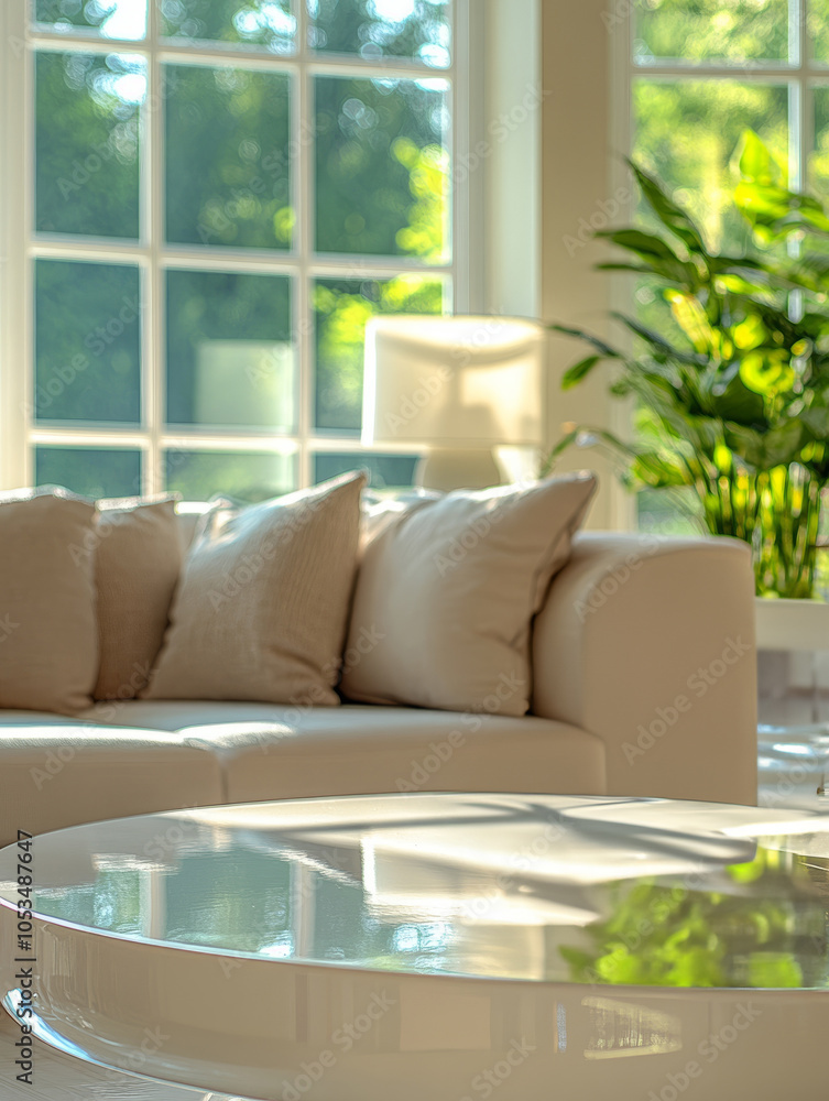 Naklejka premium Bright living room with a sofa and large windows.
