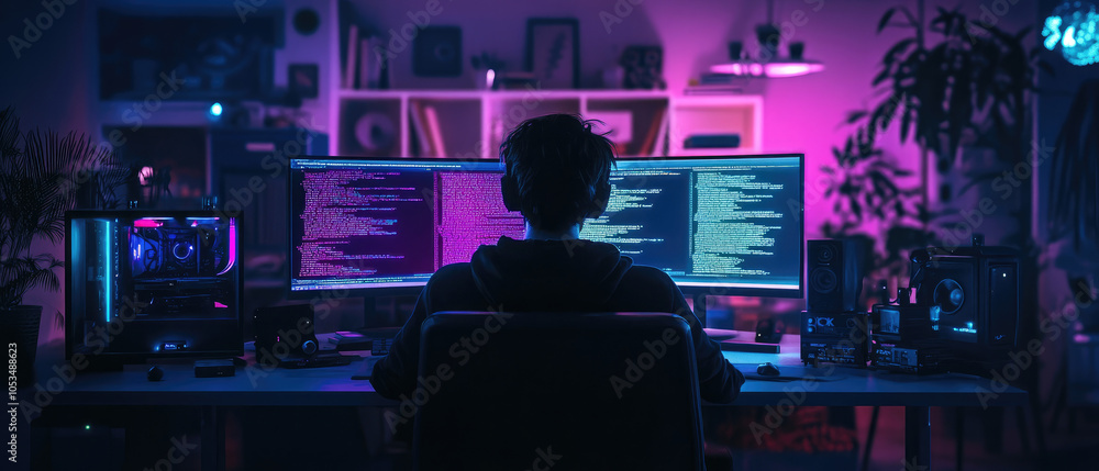 Minimalist dark room lit by computer screens with code , modern tech gadgets , and bookshelves against a detailed purple blue ambient lighting background Minimalist dark room lit by computer screens with code , modern tech gadgets , and bookshelves against a detailed purple blue ambient lighting background