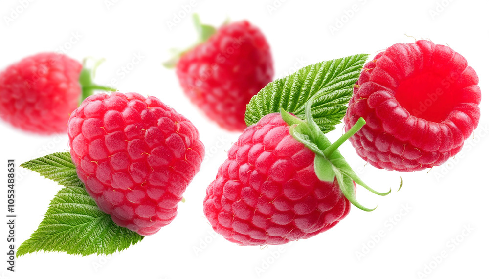 raspberry fruits with leaves floating or flying isolated white background raspberry fruits with leaves floating or flying isolated white background