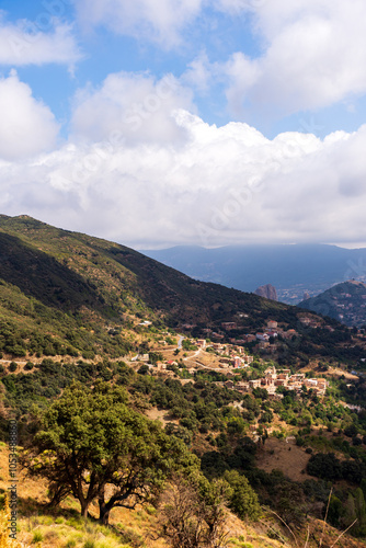 High-angle view of buildings of a village on the mountain in Tizi Ouzou, Algeria.