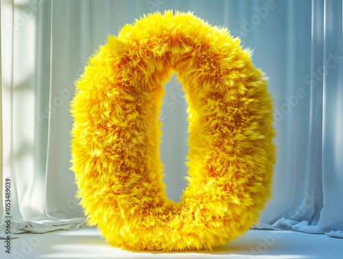 A large yellow feather boa in front of a white curtain photo