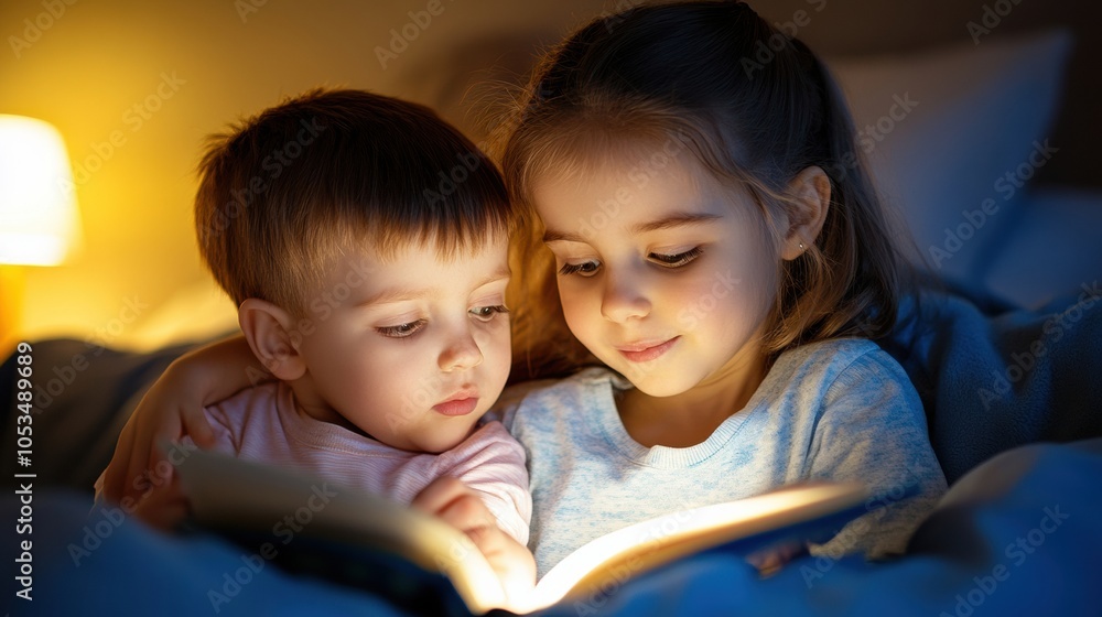 Siblings enjoy a bedtime story under a warm, cozy light, AI Siblings enjoy a bedtime story under a warm, cozy light, AI