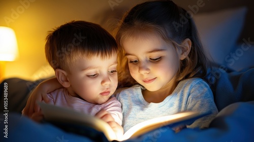 Siblings enjoy a bedtime story under a warm, cozy light, AI