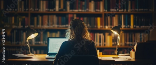 A student diligently studies at a desk in a quiet library, illuminated by warm desk lamps, with a laptop and books in front, creating a focused atmosphere late at night photo