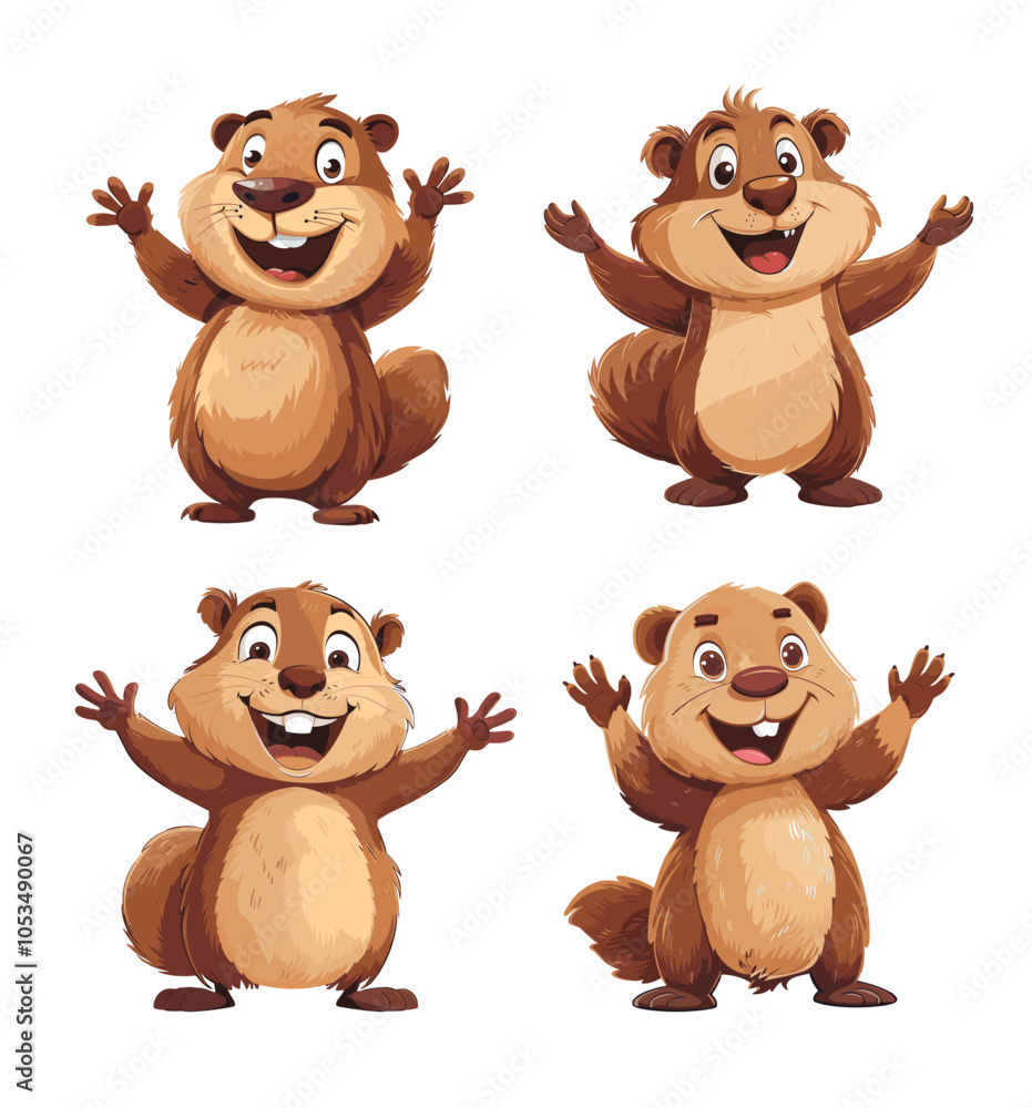 Fototapeta premium Wildlife groundhog cartoon vector illustrations. Rodent brown fur tail embraces hands up grinning optimistic forest figure, joyful amicable mascot isolated artworks