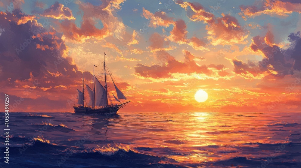 Fototapeta premium Sea sunset with a ship.