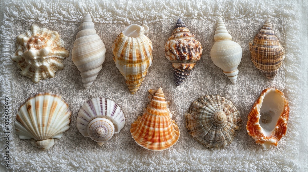 Seashell collection on towel Seashell collection on towel