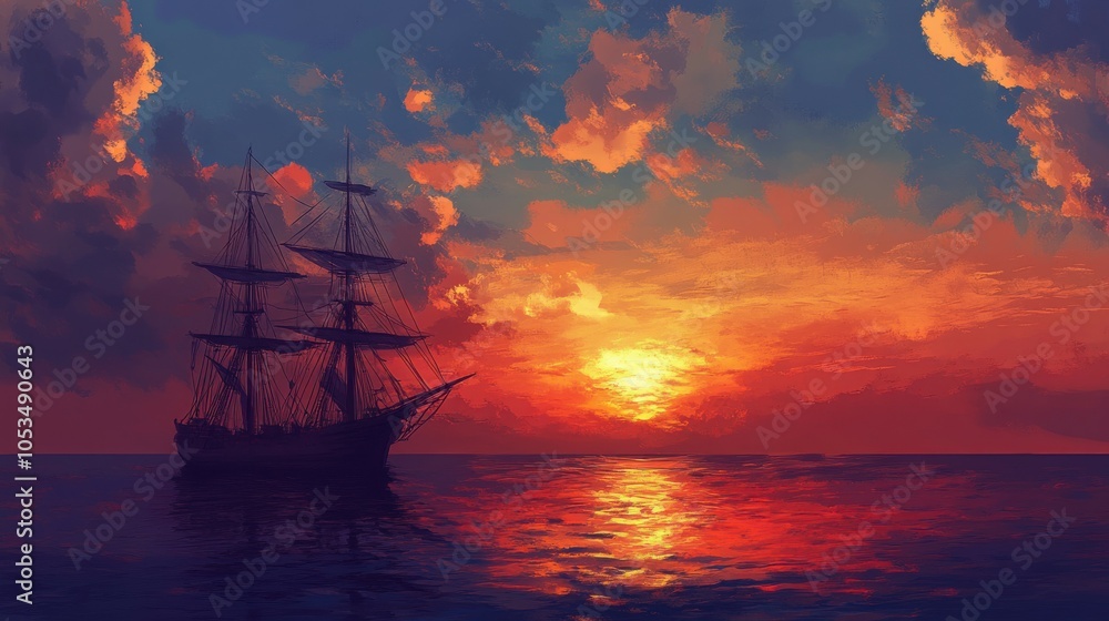 Obraz premium Sea sunset with a ship.