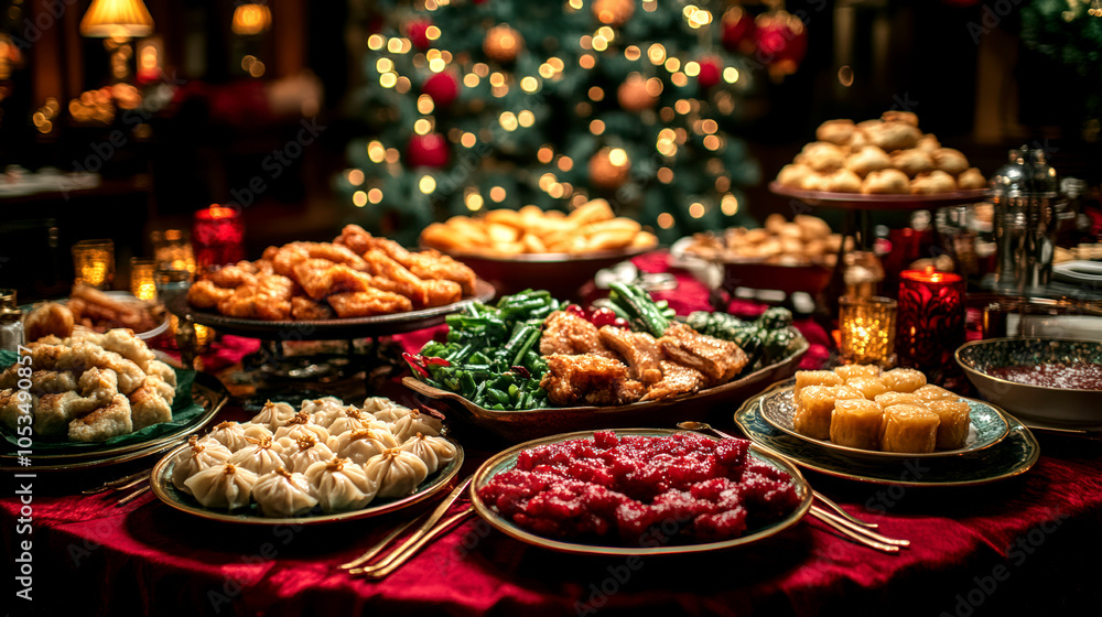 Traditional Chinese New Year Feast Table Displayed with Festive Decor Background Traditional Chinese New Year Feast Table Displayed with Festive Decor Background