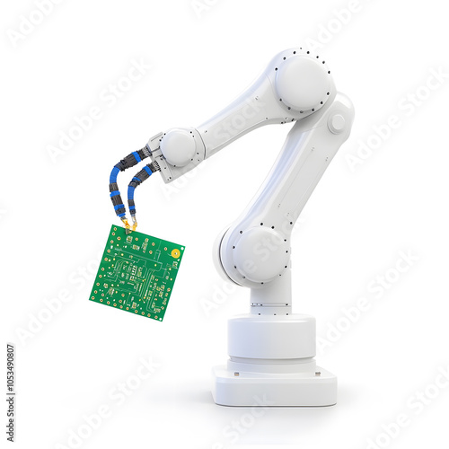 A futuristic robotic arm holding microchips isolated on white 