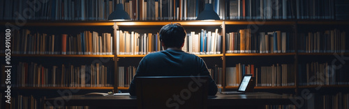 A student sits at a desk in a dimly lit library, focused on reading materials and a device, illuminated by soft overhead lights and surrounded by towering bookshelves