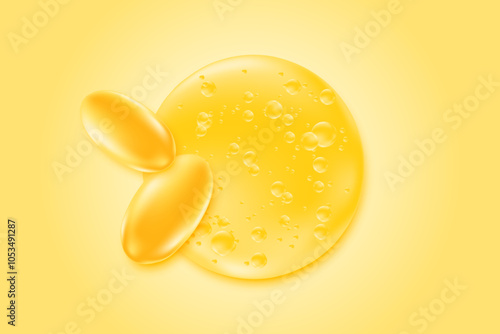 3D omega 3 fish oil soft gel capsules, microscope illustration of glowing golden oil drop with fatty acid bubbles. Healthy nutrition, vitamin D3, ocean krill oil DHA, EPA supplements background.
