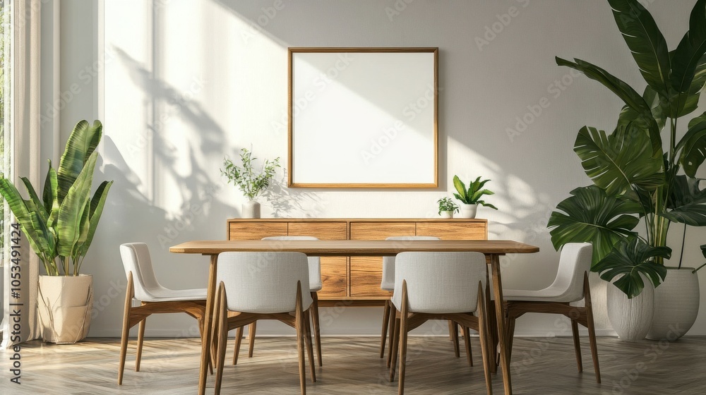 Serene dining room with an empty frame on the buffet Serene dining room with an empty frame on the buffet
