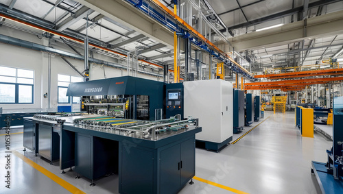  Modern Industrial Factory Floor with Advanced Machinery, High-Tech Manufacturing and Engineering Processes