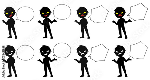 フキダシと黒いシルエットの悪人イメージの素材セット