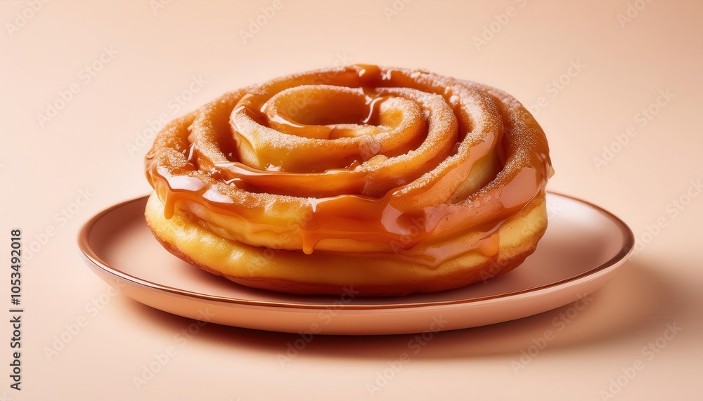 Fototapeta premium Golden Spiral Fried Dough Pastry Drizzled with Rich Caramel Sauce and Lightly Dusted with Powdered Sugar. Perfect for Seasonal Menus, Cozy Fall Breakfasts, or Decadent Dessert Displays