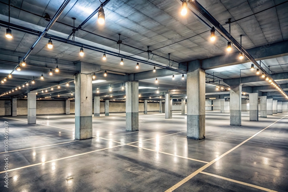 Wide-angle empty parking garage with string lights and concrete columns Wide-angle empty parking garage with string lights and concrete columns