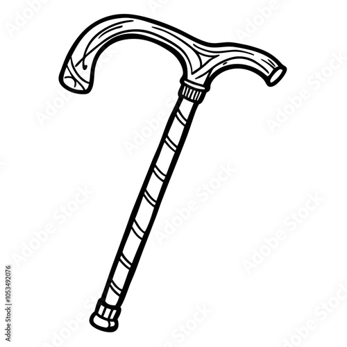 Black and White Vector Illustration of a Curved Walking Cane