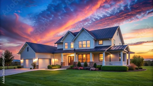 Wide-angle exterior modern farmhouse at dusk with pink and blue sky