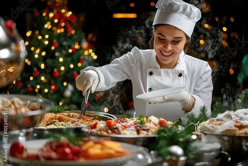 smiling chef preparing festive holiday buffet with steaming dishes, holiday decorations, and christmas tree in the background, creating a warm and joyful dining atmosphere in a luxury restaurant photo