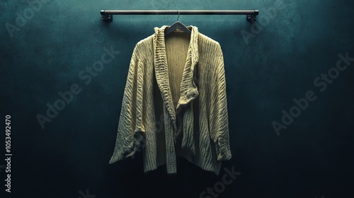 A sweater hanging on a clothes rack in a dark room photo