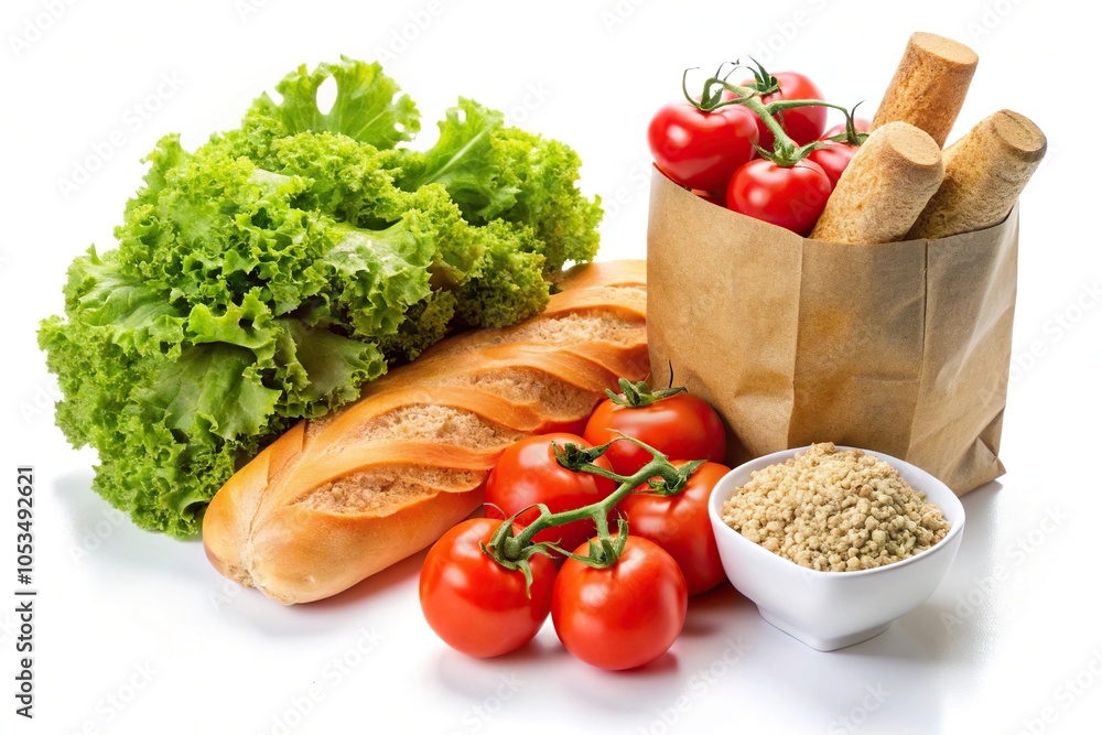 Wide-Angle Floating pack of grocery with tomatoes lettuce baguette cereal Light white plain background Wide-Angle Floating pack of grocery with tomatoes lettuce baguette cereal Light white plain background