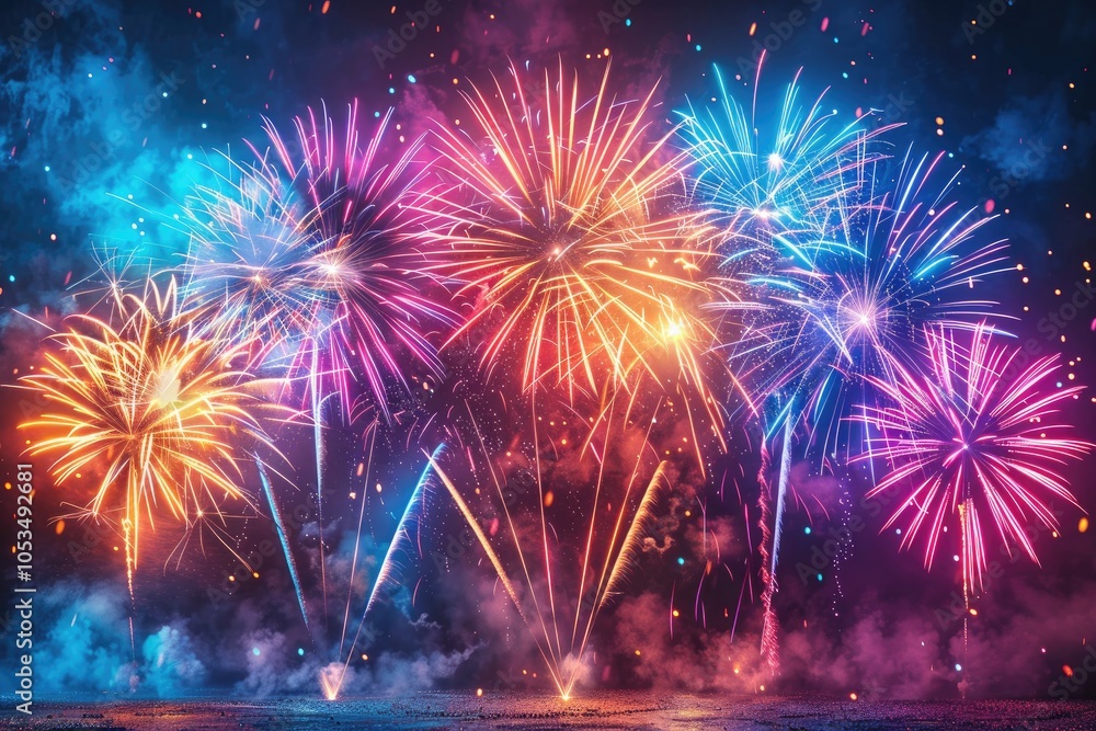 A spectacular Fireworks festival with rides and attractions glowing below during a nighttime