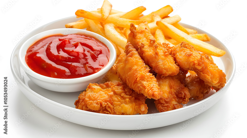 French fries, crunchy breast fried chicken and tomato sauce on white plate or bowl, isolated on white background with clipping path French fries, crunchy breast fried chicken and tomato sauce on white plate or bowl, isolated on white background with clipping path