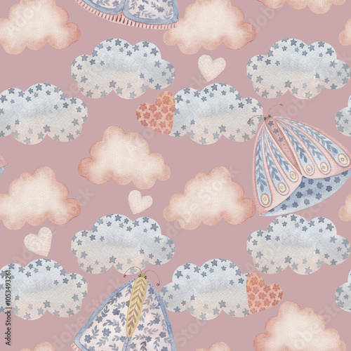 Boho Butterfly seamless pattern with clouds and stars on the light purple background. Hand drawn watercolor charming celestial illustration in soft pastel colors for baby nursery decor designs. photo