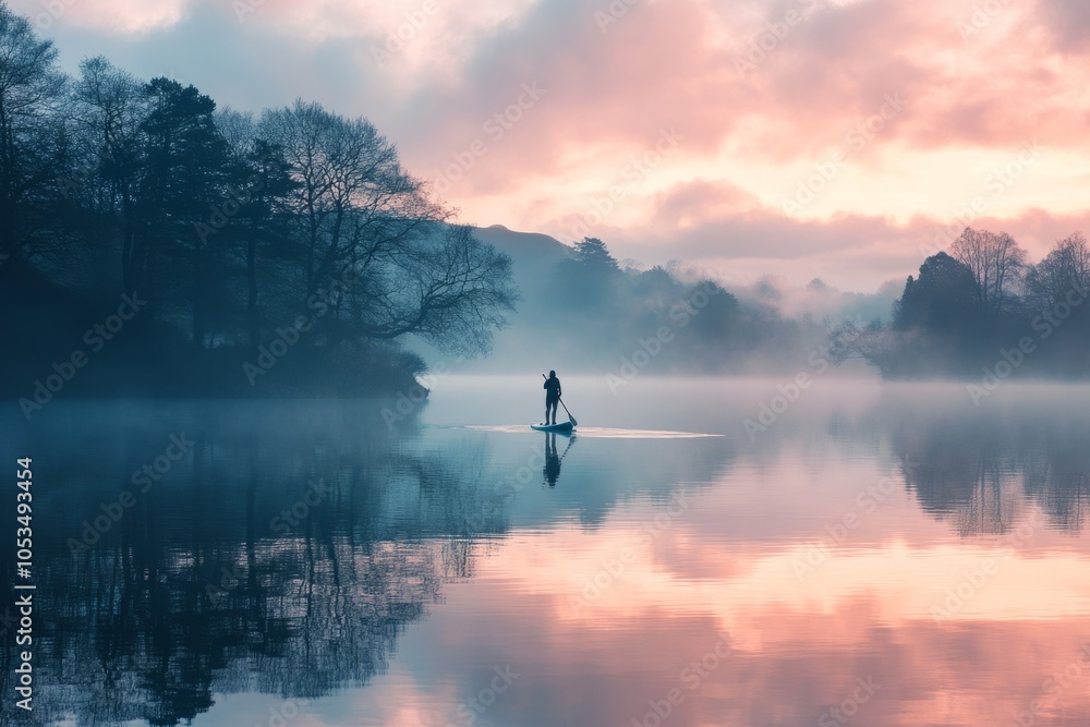 A tranquil scene of a solitary figure paddling on a calm lake surrounded by mist. Soft colors of dawn create a serene atmosphere. This is a landscape photography piece. Generative AI A tranquil scene of a solitary figure paddling on a calm lake surrounded by mist. Soft colors of dawn create a serene atmosphere. This is a landscape photography piece. Generative AI
