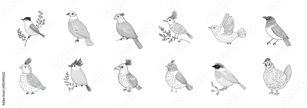 Obraz premium A set of black and white outline illustrations of various wild birds. A collection of different drawn birds isolated on white. AI-generated clip art
