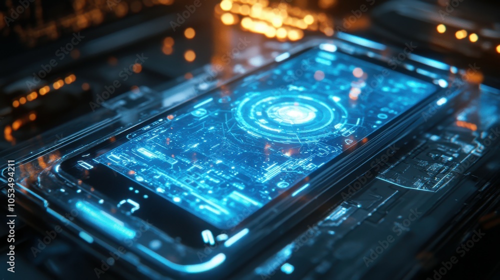 Fototapeta premium Smartphone interface with holographic projections.