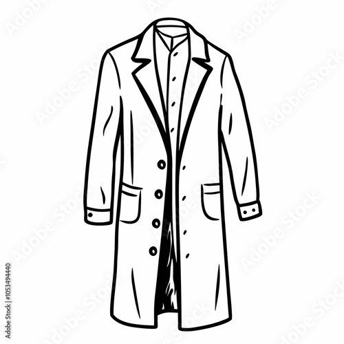 Black and White Vector Illustration of a Classic Long Coat with Button Details