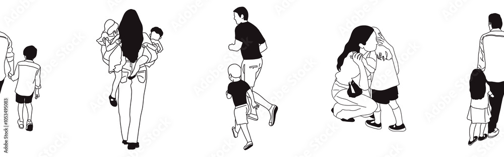 Obraz premium Hand-drawn doodle family border. Outline family clipart. Hand-drawn black art.